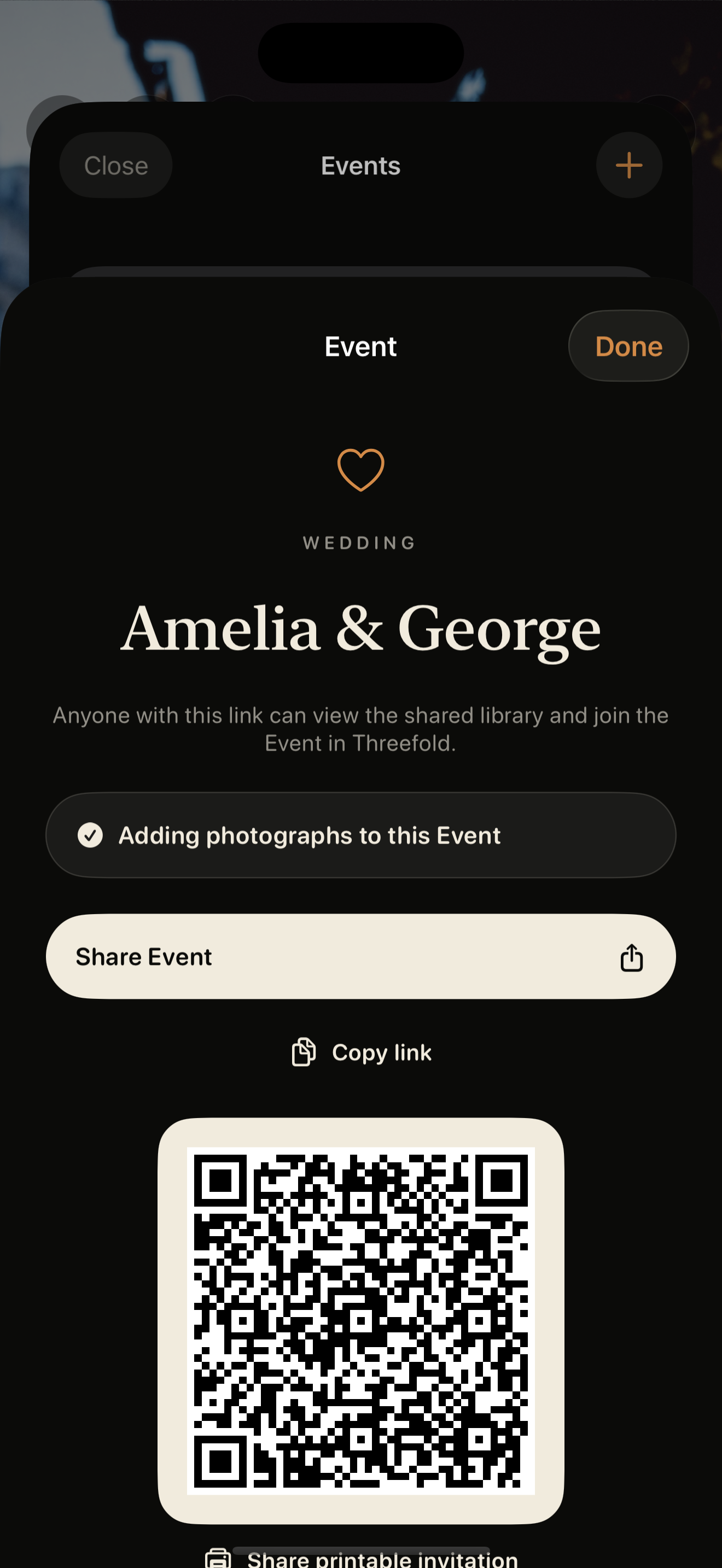 Threefold Event invitation screen.