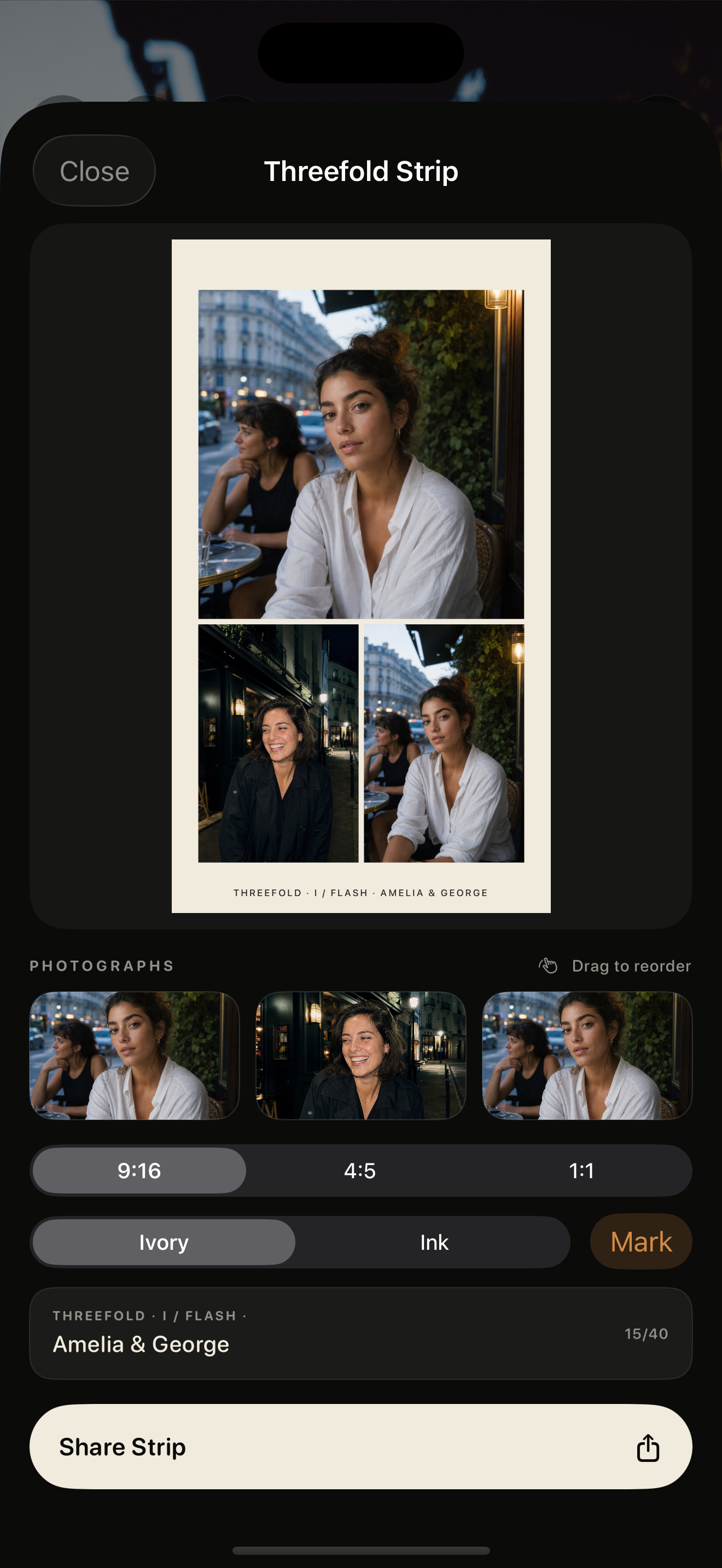 Threefold Strip composer showing three photographs.